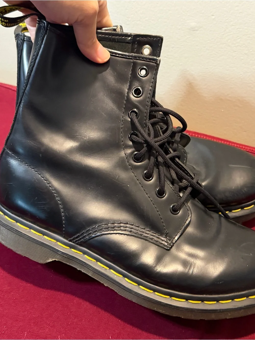 Dr. Martens Black Leather Lace-Up Boots with Yellow Stitching us 9